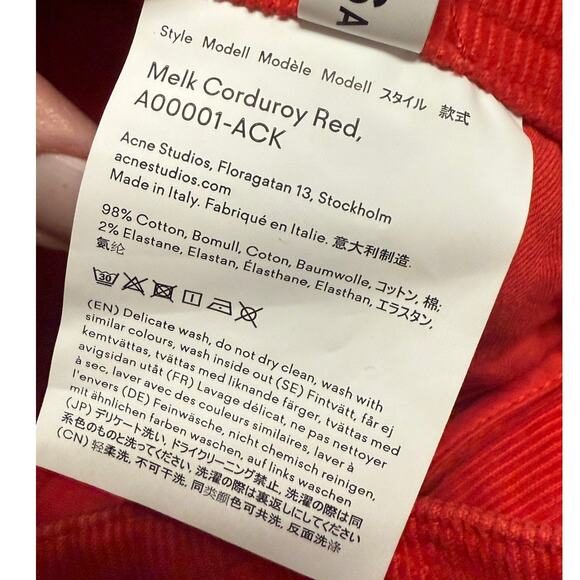 Acne Studios x Bla Konst Melk Corduroy Trousers in Red Women's Size 26 - Picture 13 of 13